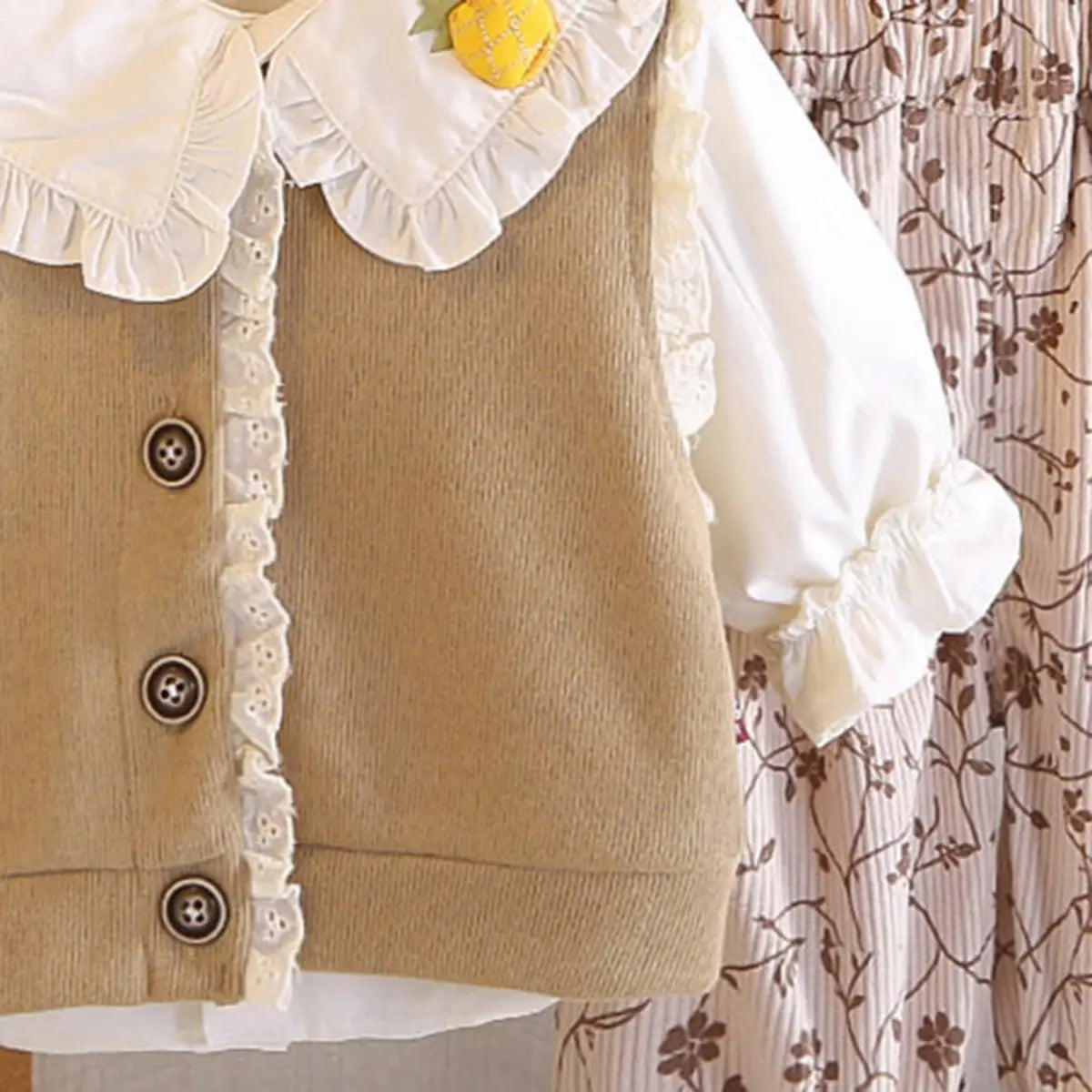 Girls Khaki Knit Button-up Vest With Top & Printed Jogger Sets Sets