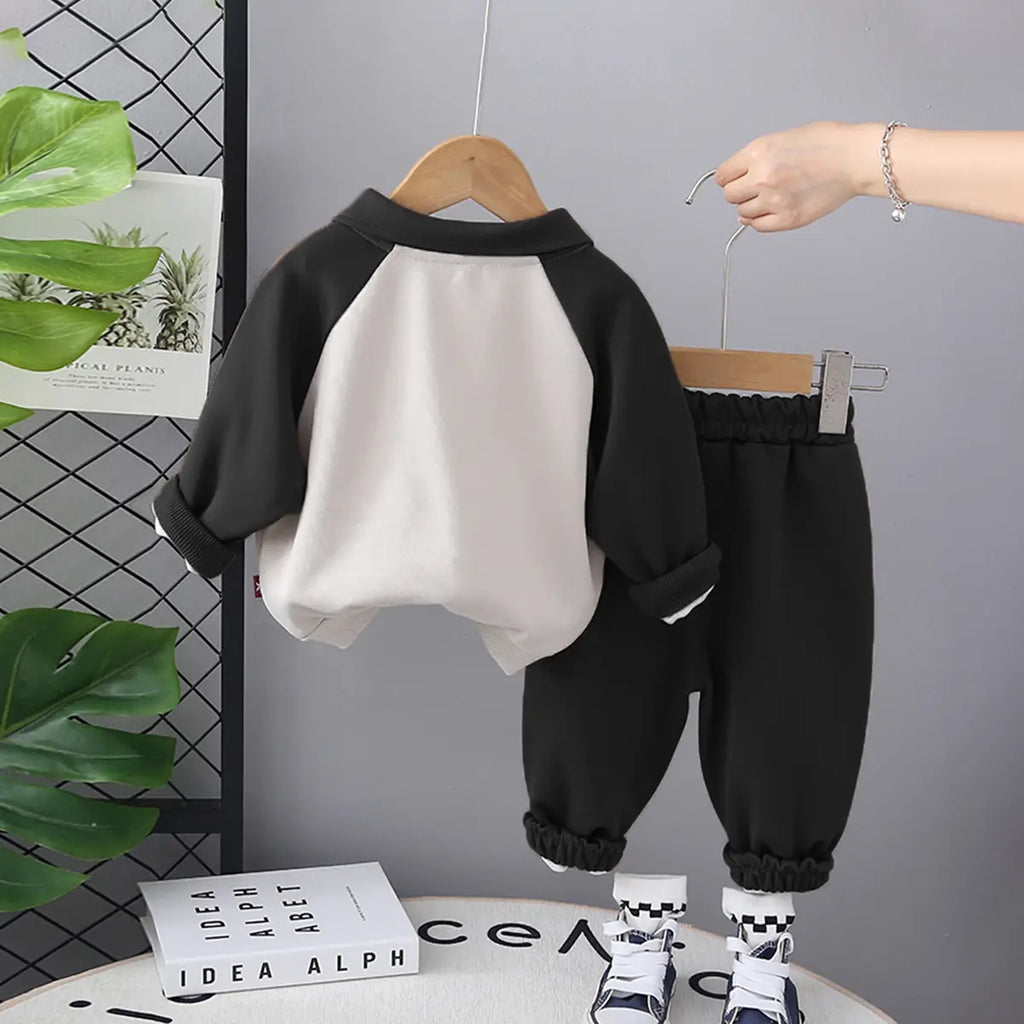 Boys Black 3D Panda Face Applique Polo Sweatshirt With Jogger Sets Sets