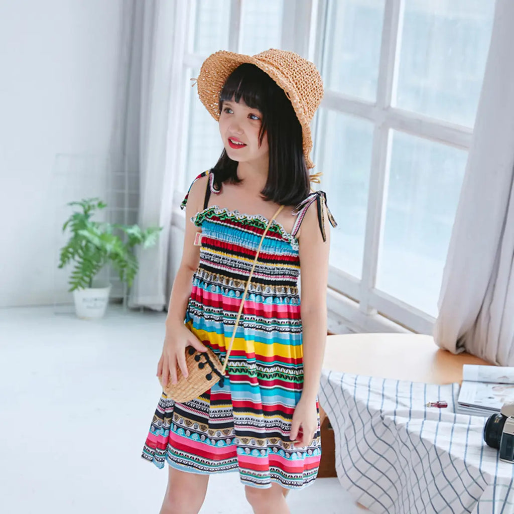 Girls Multicolor Stripes A-line Dress With Smocking Details Casual Dresses