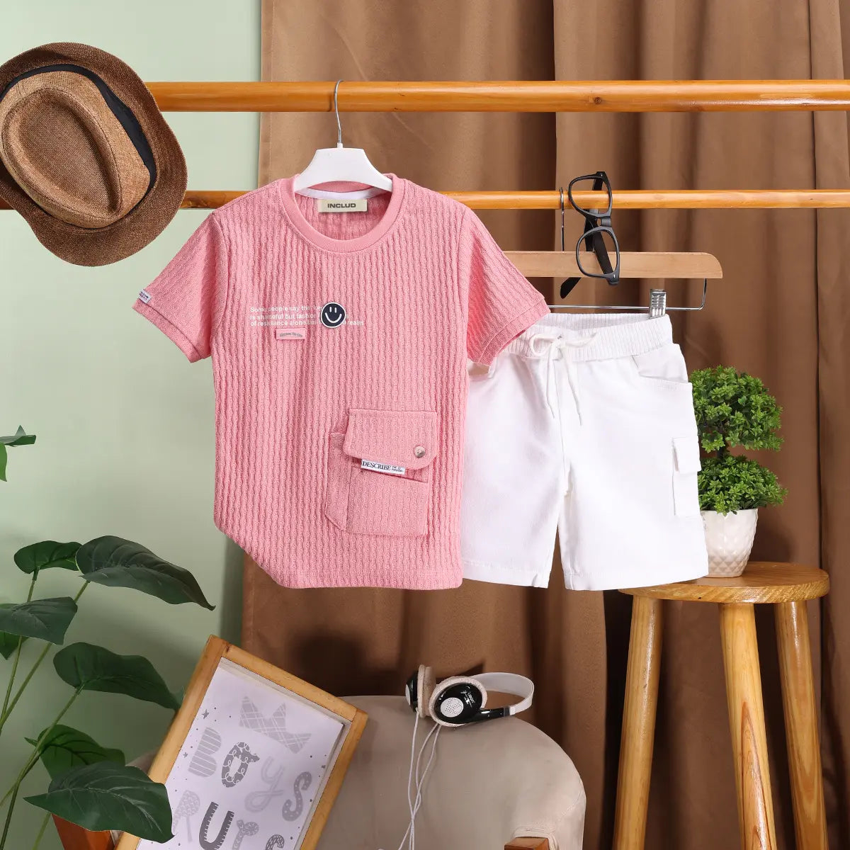 Boys Peach Typographic Printed Short Sleeves T-Shirt With Shorts Sets Sets Peach 0-1 Y