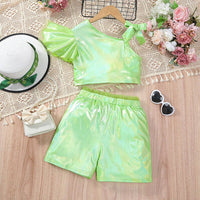 Girls Green Holographic One-Shoulder Crop Top with Shorts Set Sets