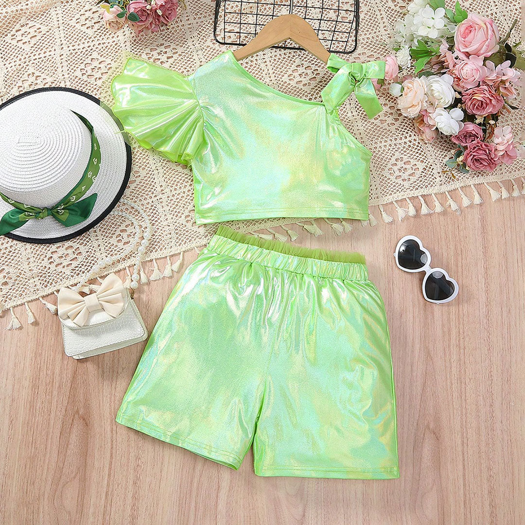 Girls Green Holographic One-Shoulder Crop Top with Shorts Set Sets
