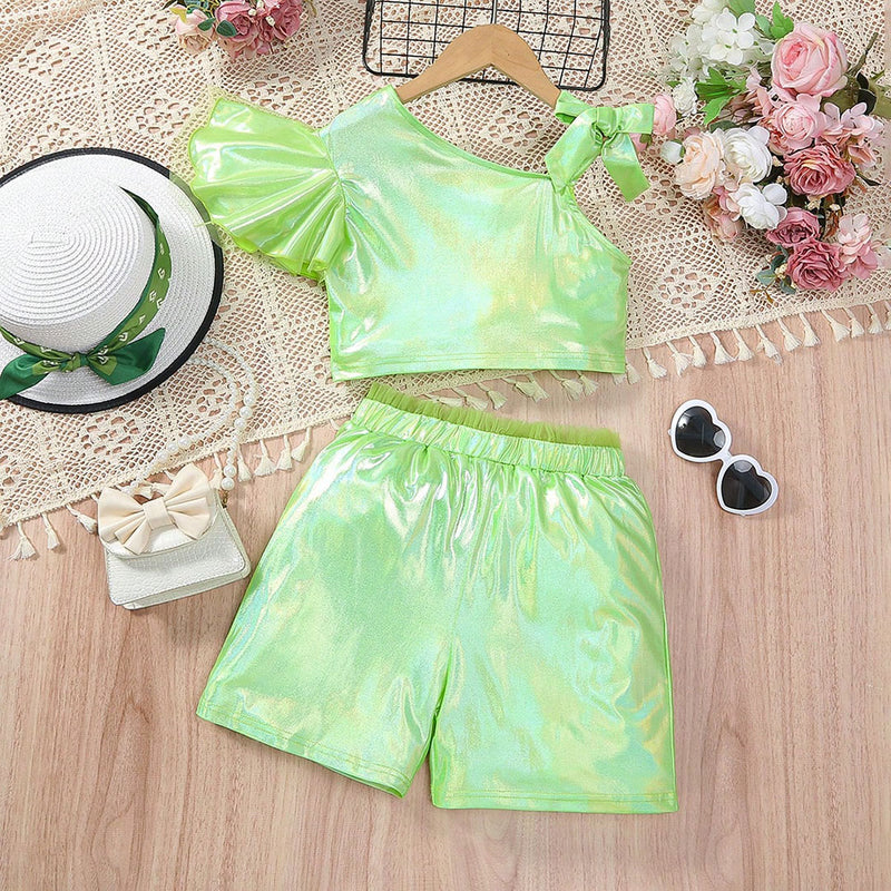 Girls Green Holographic One-Shoulder Crop Top with Shorts Set Sets