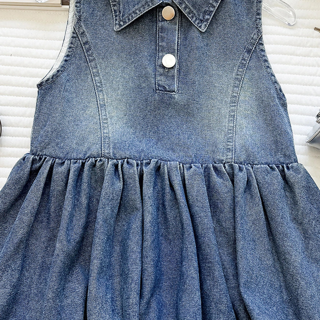Girls Blue Sleeveless Bubble Hem Denim Dress Casual Dresses