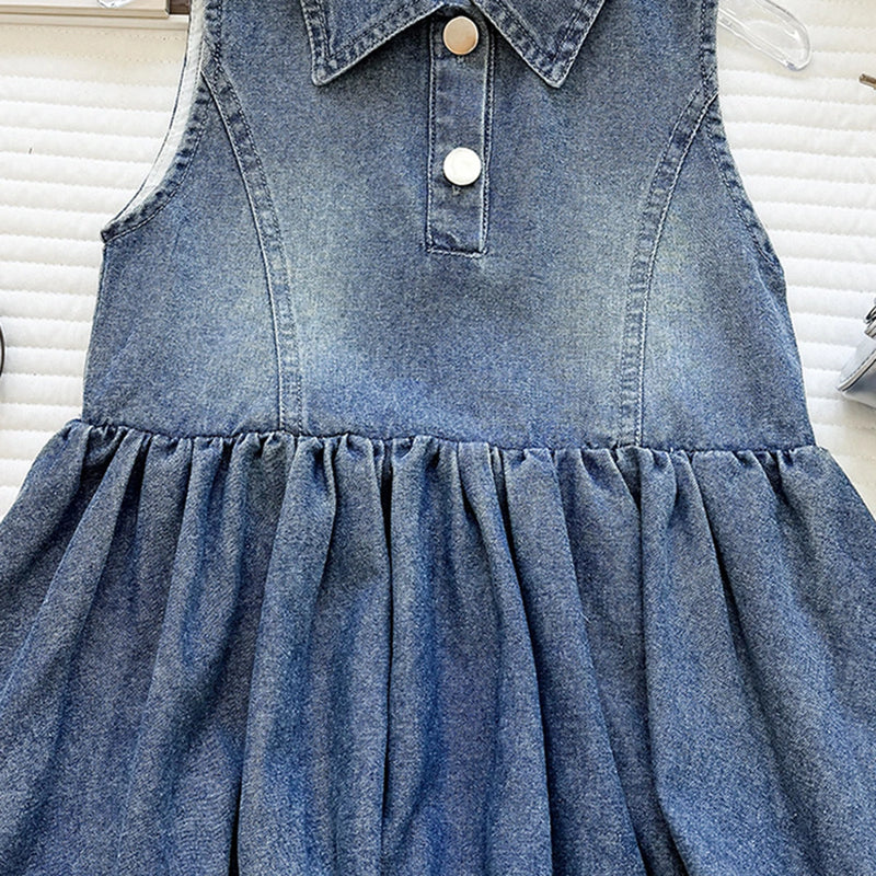 Girls Blue Sleeveless Bubble Hem Denim Dress Casual Dresses