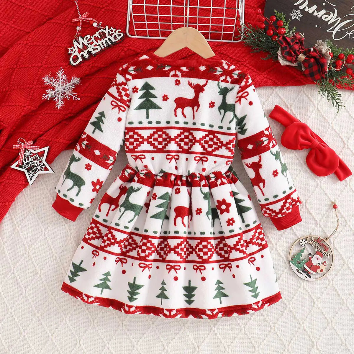 Girls White Self-Design Christmas Patterns Long Sleeves Fit & Flare Dress Casual Dresses