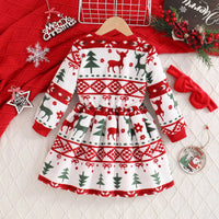 Girls White Self-Design Christmas Patterns Long Sleeves Fit & Flare Dress Casual Dresses