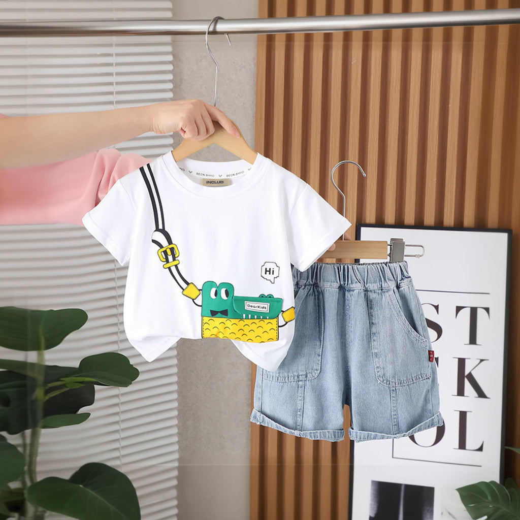 Boys White Short Sleeve Graphic Print T-Shirt With Denim Shorts Set 2 pc. Sets White 1-2 Y