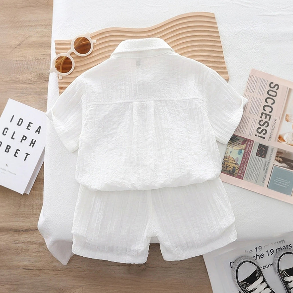Boys White Typographic Printed Short Sleeve Shirt With Elasticated Shorts Sets 2 pc. Sets