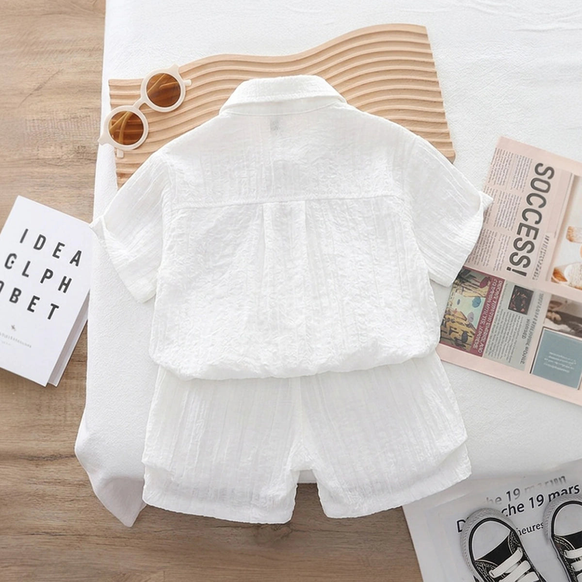 Boys White Typographic Printed Short Sleeve Shirt With Elasticated Shorts Sets 2 pc. Sets