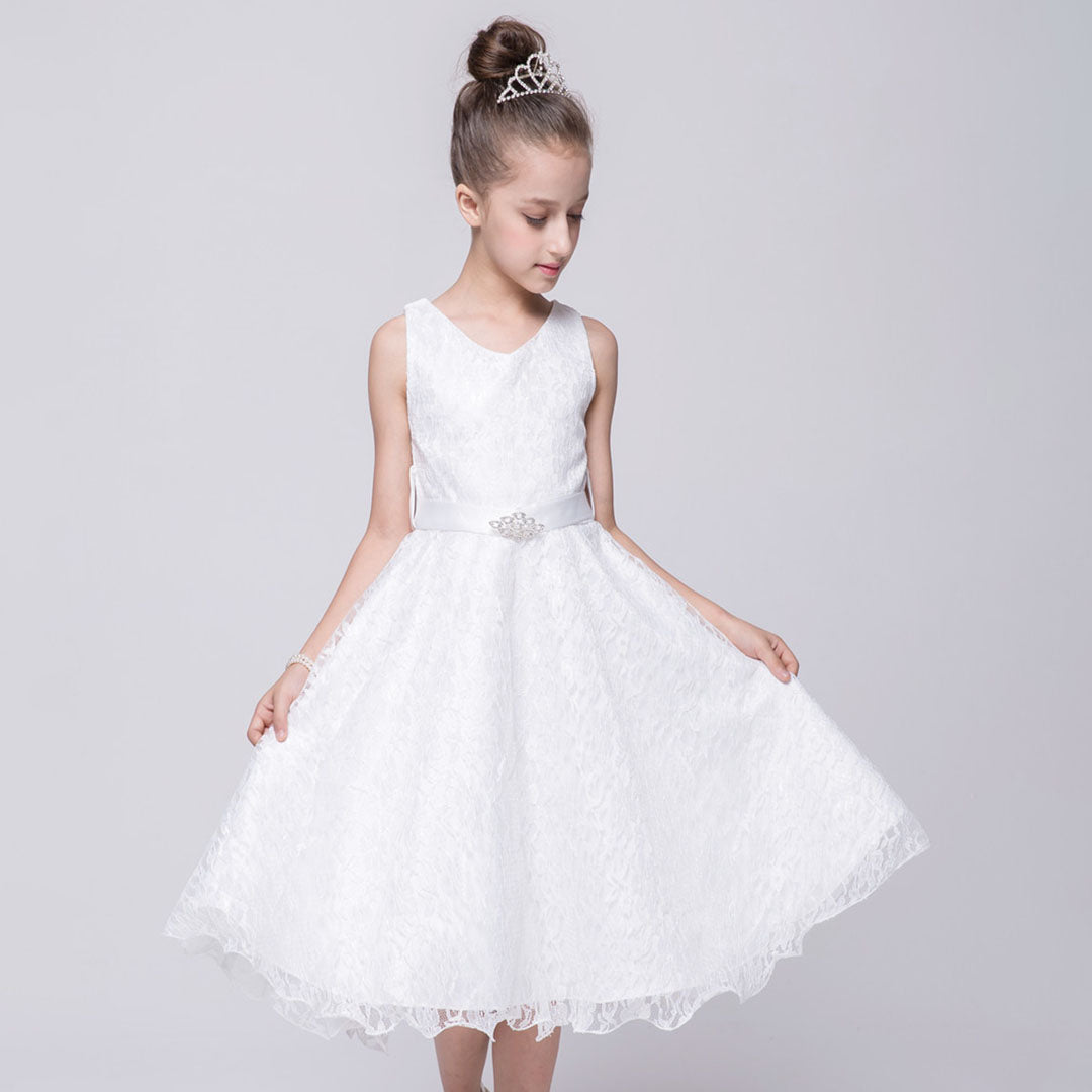 Girls White Sleeveless Embroidered Fit & Flare Party Dress Party Dresses