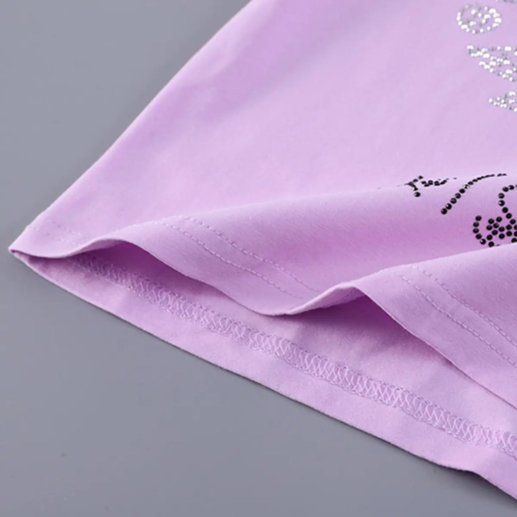 Girls Purple Flower Embellished T-Shirt With Denim Shorts Sets Sets