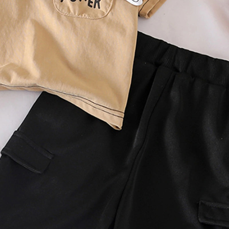 Boys Khaki Puppy Applique Short Sleeves T-Shirt With Shorts Set Sets