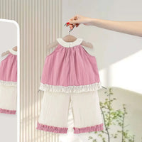 Girls Pink Rose Applique Sleeveless Top With Pants Sets Sets