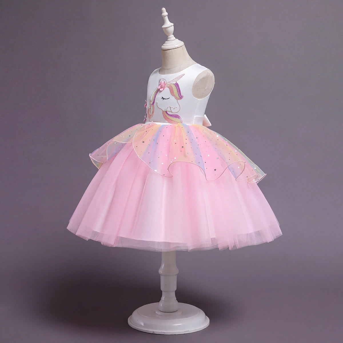 Girls Light Pink Unicorn Embroidered Sleeveless Fit & Flare Party Wear Dress Party Dresses