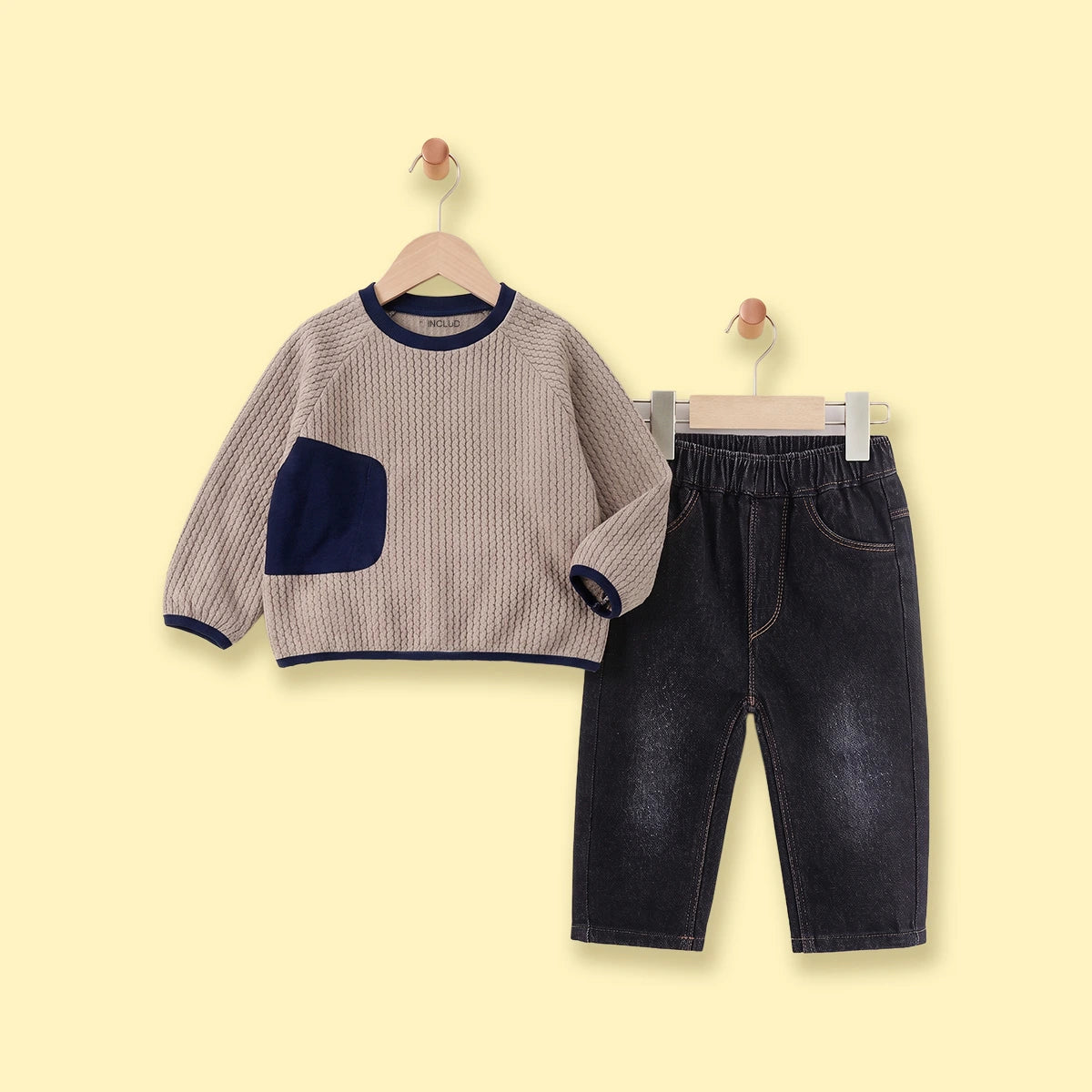 Boys Khaki Textured Sweatshirt With Denim Pants Sets Sets Khaki 1-2 Y