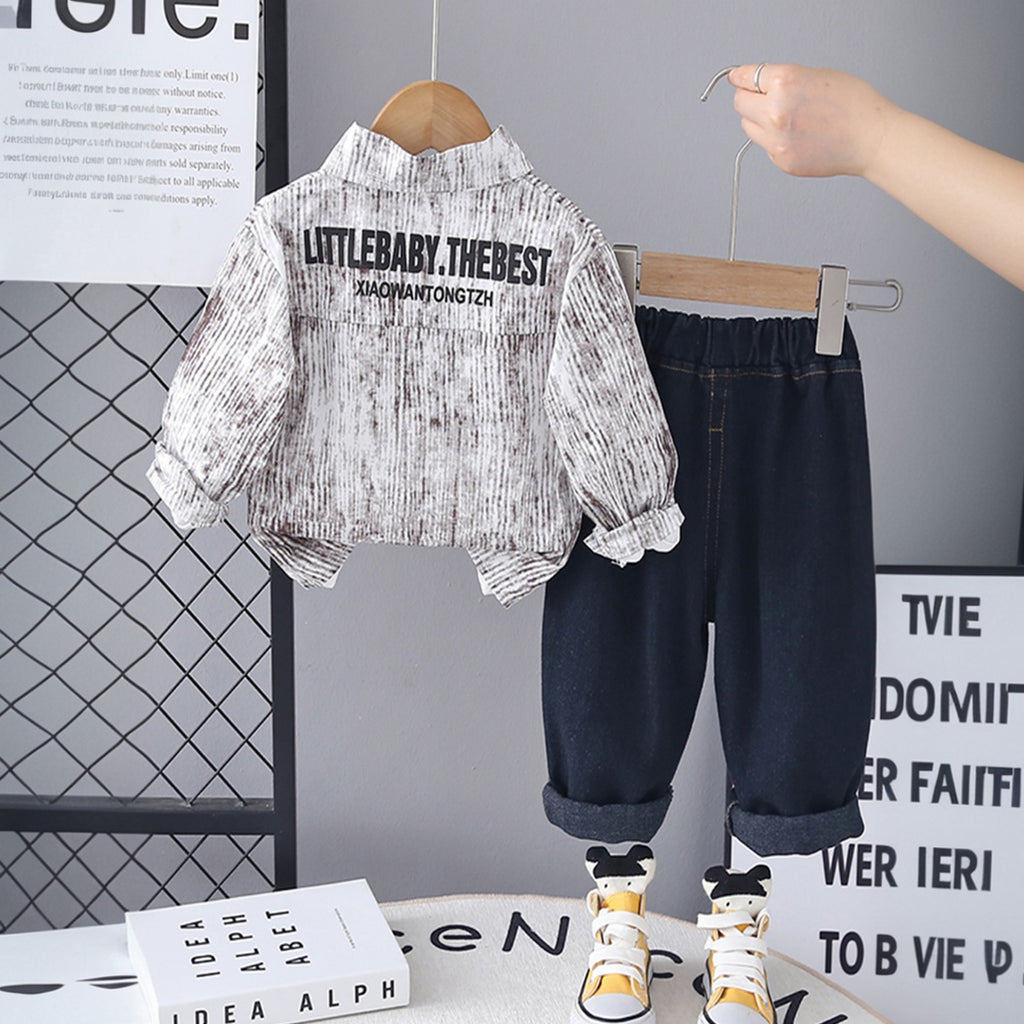 Boys Brown Abstract Printed Shirt With Printed T-Shirt & Denim Pants Set Sets
