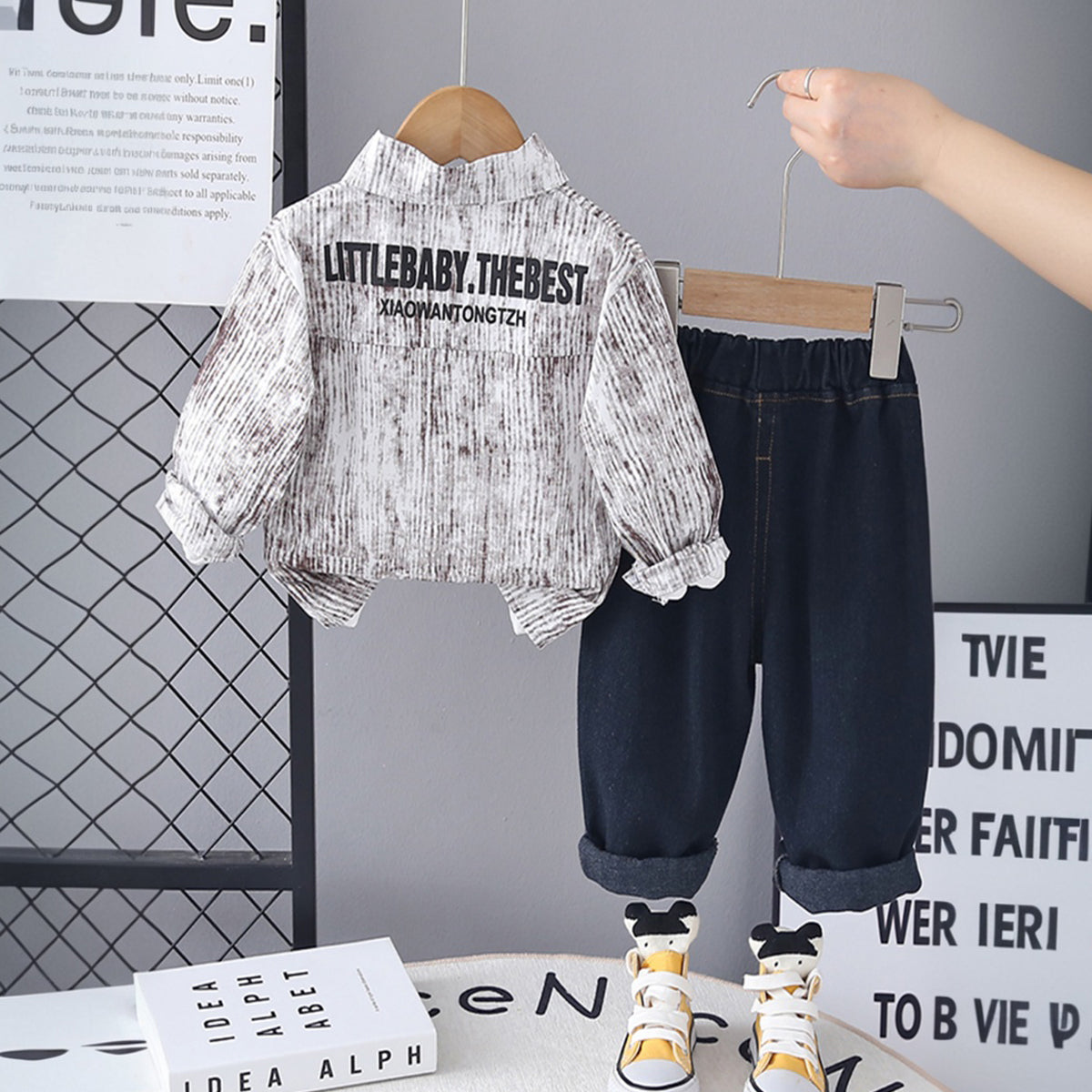 Boys Brown Abstract Printed Shirt With Printed T-Shirt & Denim Pants Set Sets