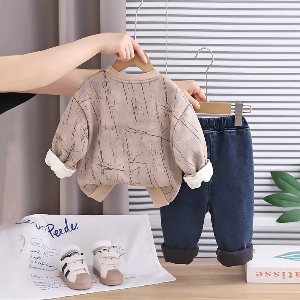 Boys Khaki Typographic Printed Sweatshirt With Denim Pants Set Sets