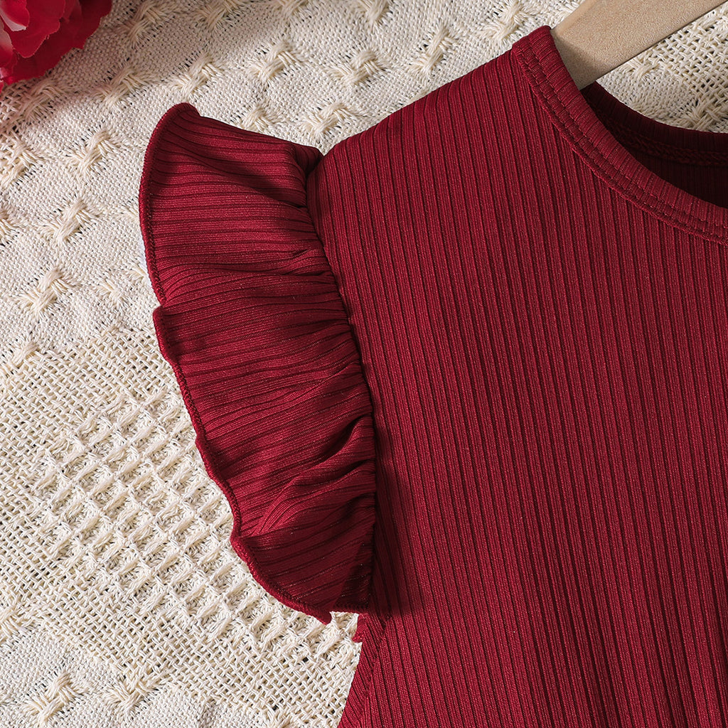 Girls Maroon Floral Printed Flutter Sleeves Fit And Flare Dress Casual Dresses