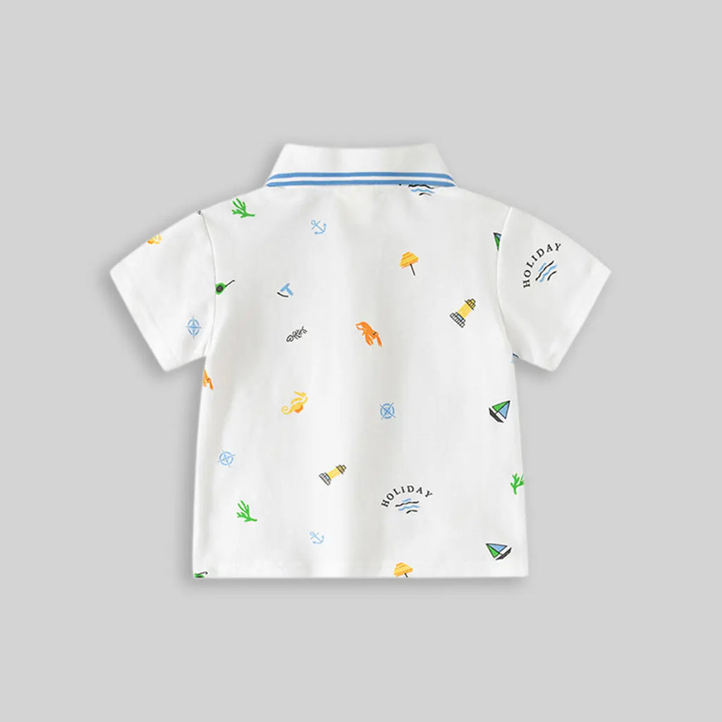 Boys White Short Sleeve Beach Print Polo T-Shirt Tshirts