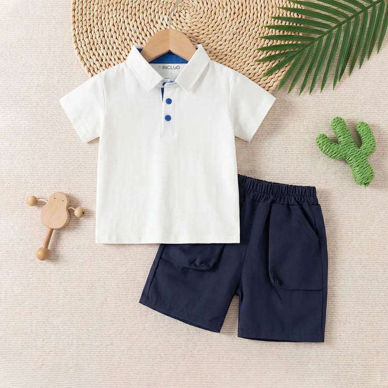 Boys White Short Sleeve Polo T-Shirt With Elasticated Shorts Sets Sets White 1-2 Y