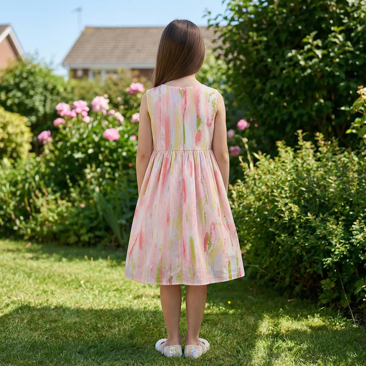 Girls Pink Abstract Print Sleeveless Fit & Flare Dress Casual Dresses
