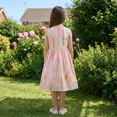 Girls Pink Abstract Print Sleeveless Fit & Flare Dress Casual Dresses