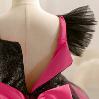 Girls Fuchsia-Black Sequins & Tulle Flutter Sleeves Party Dress Party Dresses