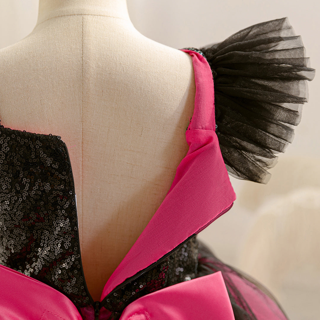 Girls Fuchsia-Black Sequins & Tulle Flutter Sleeves Party Dress Party Dresses