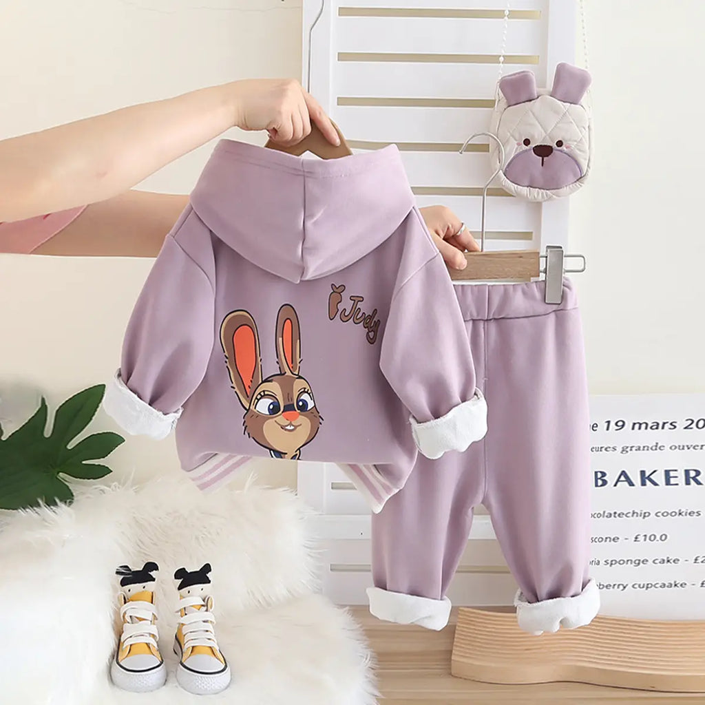 Girls Purple Applique Hoodies Sweatshirt With Pants & Bag Sets 3 pc. Sets