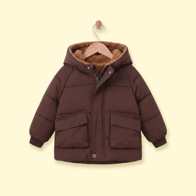 Boys Dark Brown Fur Hooded Puffer Jacket Coats & Jackets Dark Brown 1-2 Y
