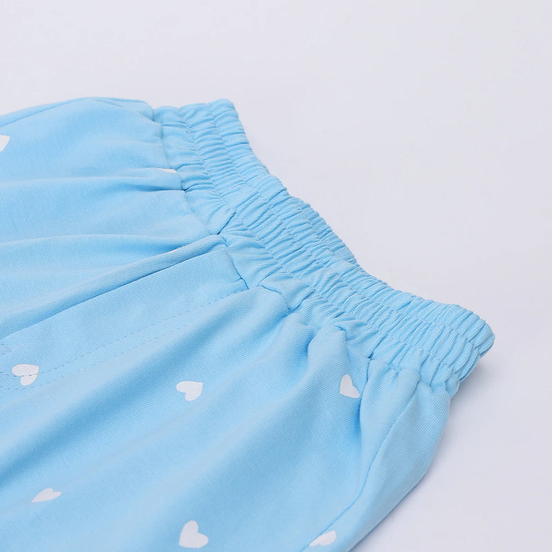 Girls Sky Blue Heart Printed Top With Matching Shorts Sets Sets