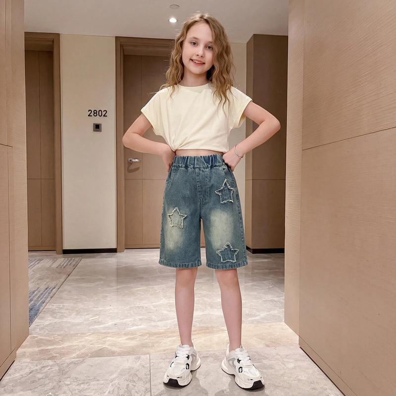 Girls Blue Star Distressed Baggy Fit Denim Shorts Shorts Blue 5-6 Y
