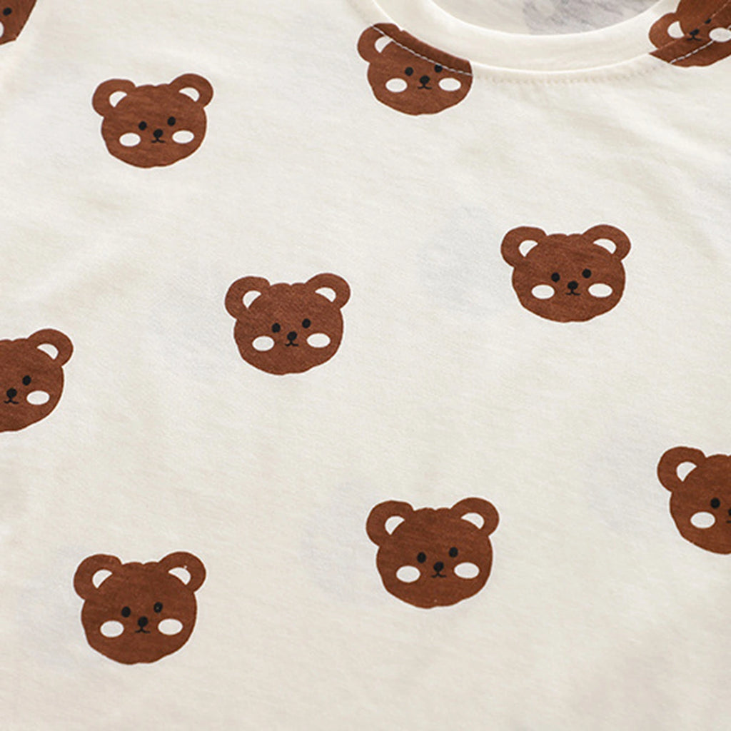 Boys Brown Bear Printed Round Neck T-Shirt With 3D Teddy Bear Applique Dungaree Sets 2 pc. Sets