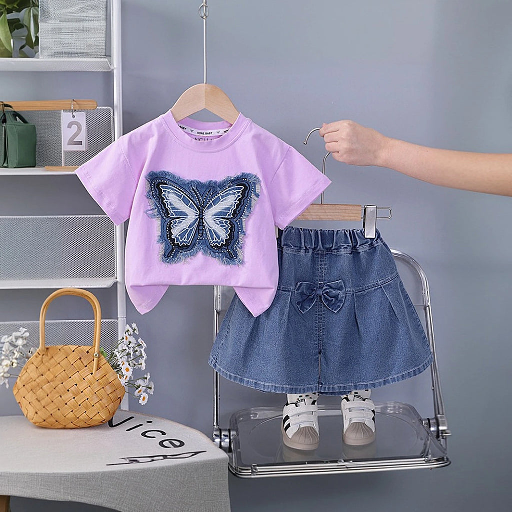 Girls Lavender Butterfly Printed Half Sleeve T-Shirt With Denim Skirt Sets 2 pc. Sets Lavender 1-2 Y