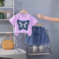 Girls Lavender Butterfly Printed Half Sleeve T-Shirt With Denim Skirt Sets 2 pc. Sets Lavender 1-2 Y