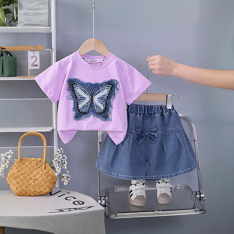 Girls Lavender Butterfly Printed Half Sleeve T-Shirt With Denim Skirt Sets 2 pc. Sets Lavender 1-2 Y