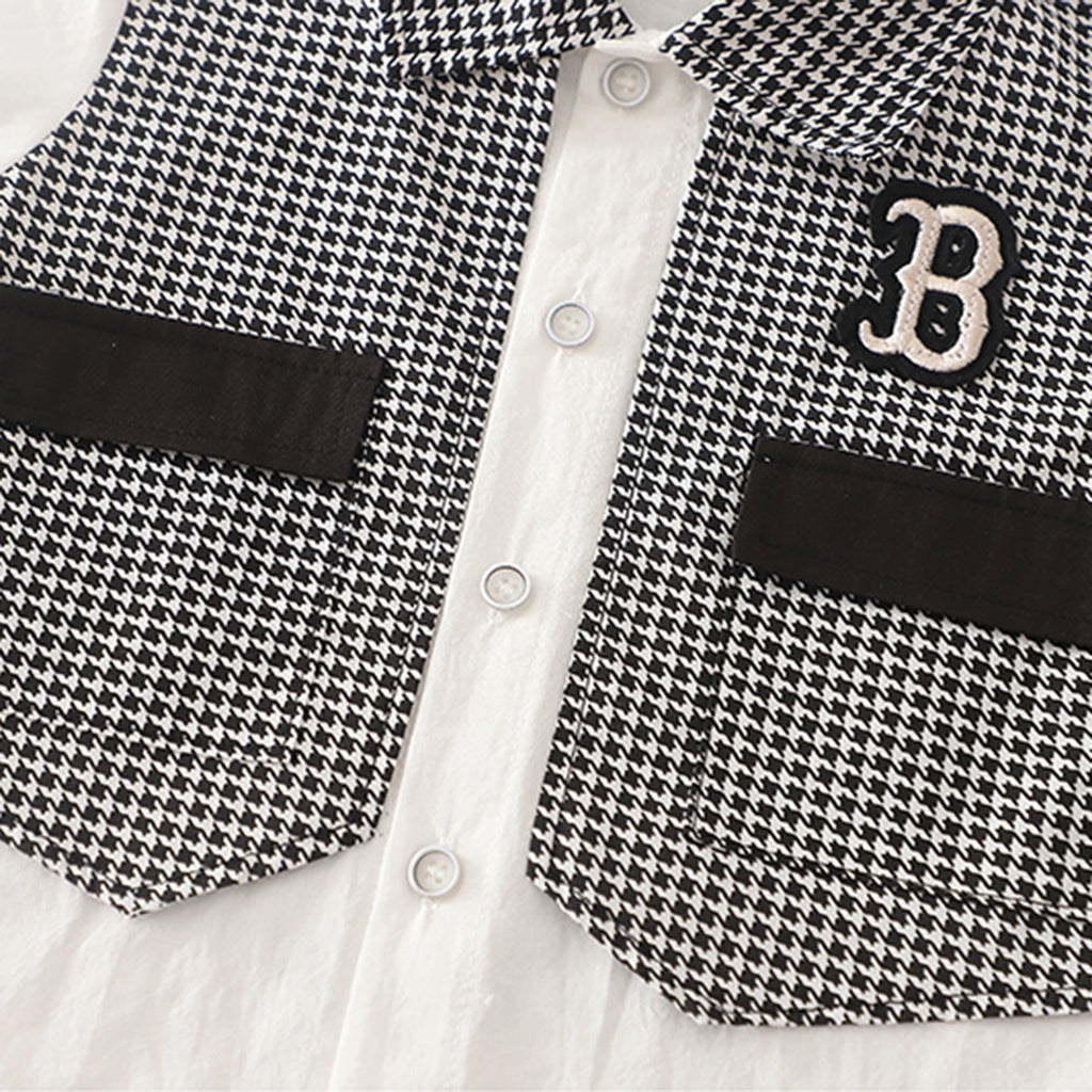 Boys Black Houndstooth Fake waistcoat Shirt With Shorts Sets Sets