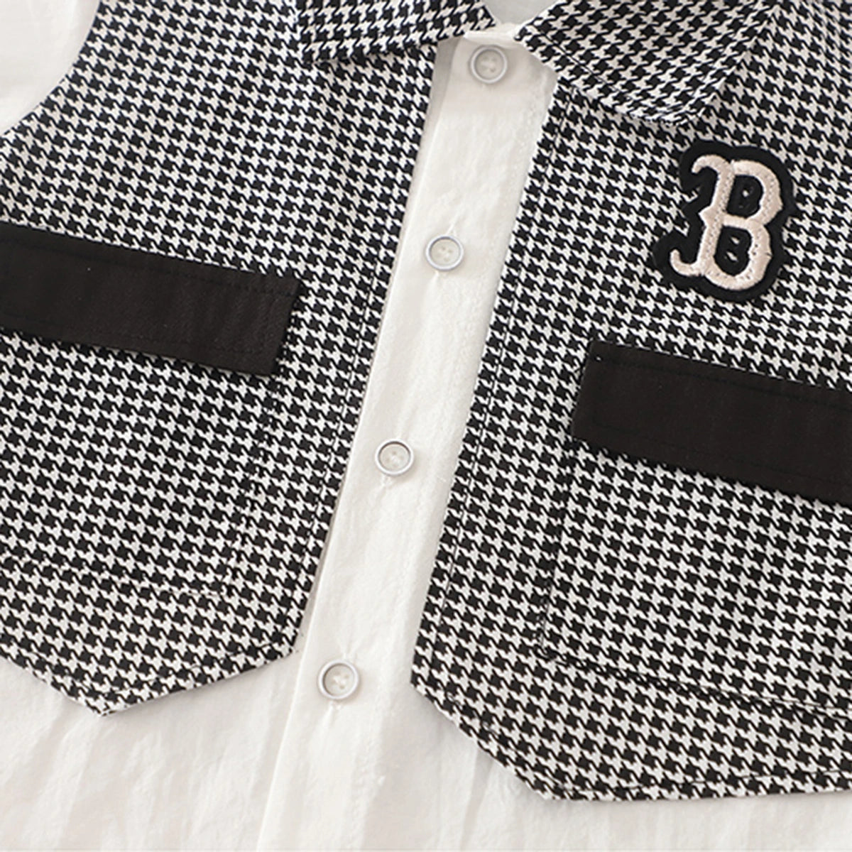 Boys Black Houndstooth Fake waistcoat Shirt With Shorts Sets Sets