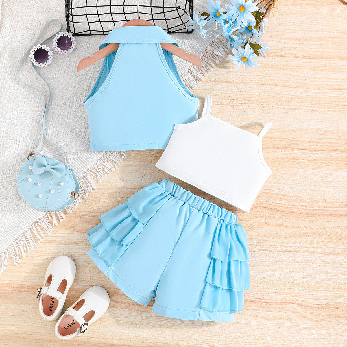 Girls Light Blue Waistcoat with Spaghetti Top & Tiered Ruffle Shorts Set 3 pc. Sets