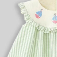 Girls Light Green Stripes Sleeveless A-line Dress With Seaboat Embroidery Casual Dresses