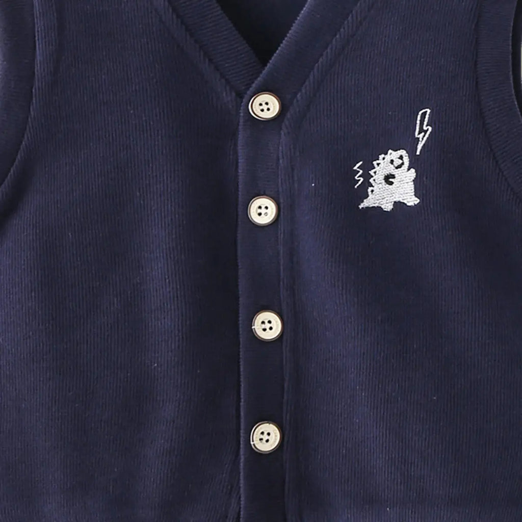 Boys Dark Blue Self-Design Sleeveless Knitted Cardigan Sweaters & Cardigans