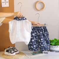 Boys White Textured Sleeveless Polo T-Shirt With Printed Shorts Sets Sets