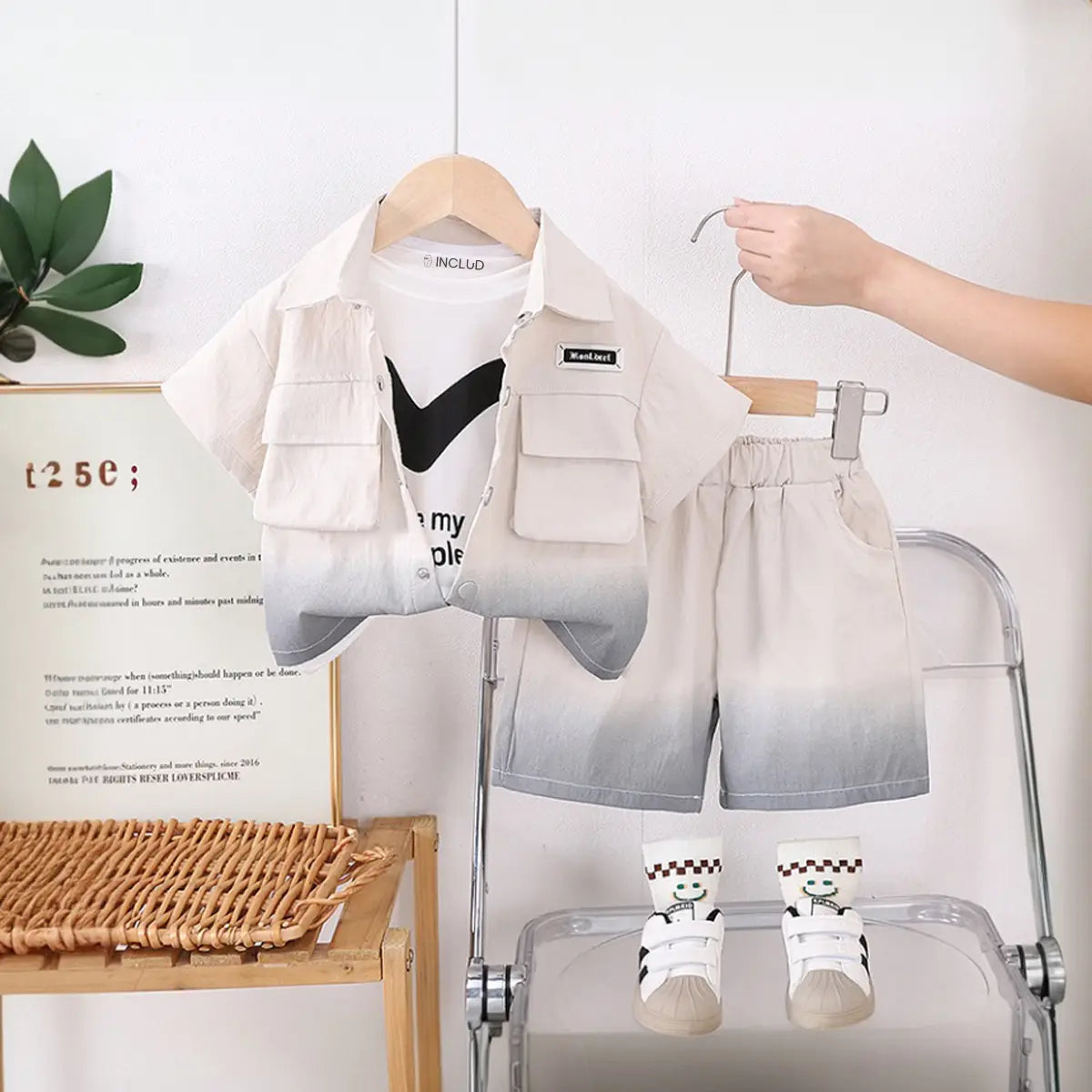 Boys Off White Short Sleeve Shirt With Printed T-shirts And Elasticated Shorts Sets 3 pc. Sets Off White 1-2 Y