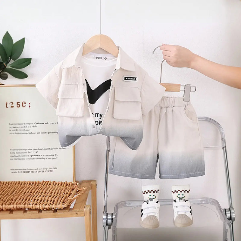 Boys Off White Short Sleeve Shirt With Printed T-shirts And Elasticated Shorts Sets 3 pc. Sets Off White 1-2 Y