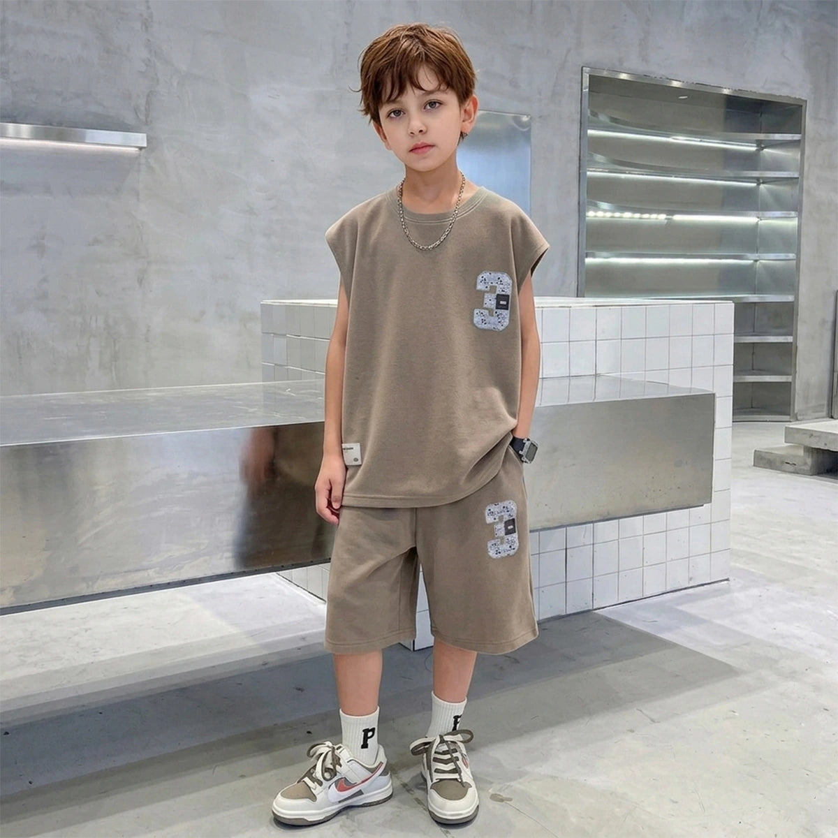 Boys Brown Typographic Printed Sleeveless T-Shirt With Elasticated Shorts Sets Sets Brown 5-6 Y