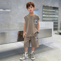 Boys Brown Typographic Printed Sleeveless T-Shirt With Elasticated Shorts Sets Sets Brown 5-6 Y