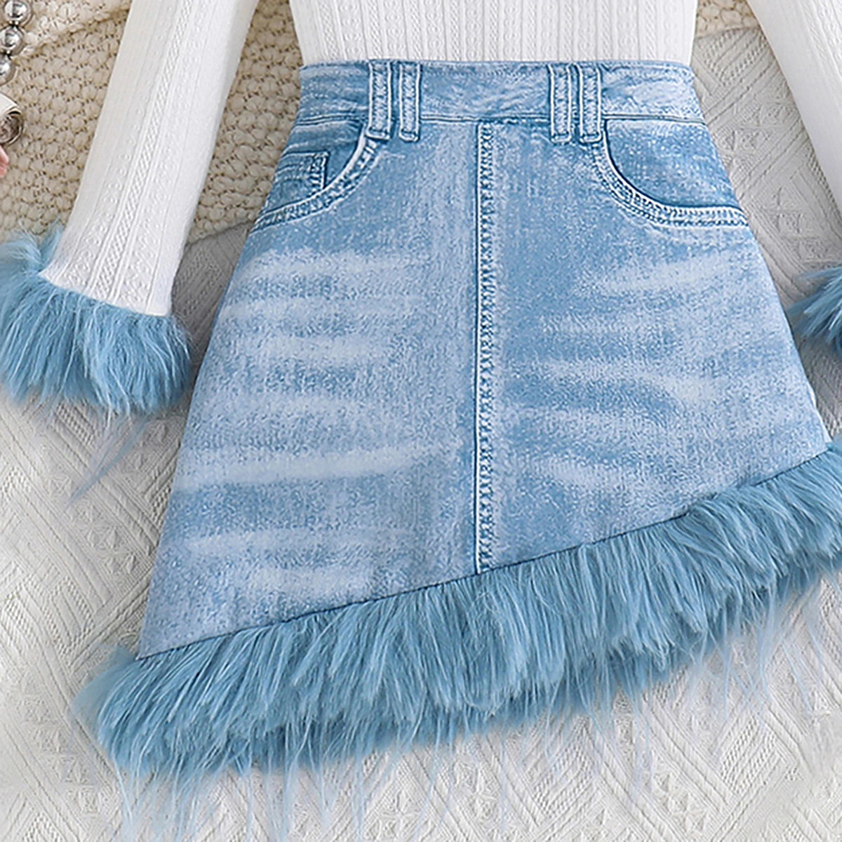 Girls White Textured Long Sleeve Top With Denim Skirt Sets 2 pc. Sets