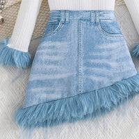 Girls White Textured Long Sleeve Top With Denim Skirt Sets 2 pc. Sets